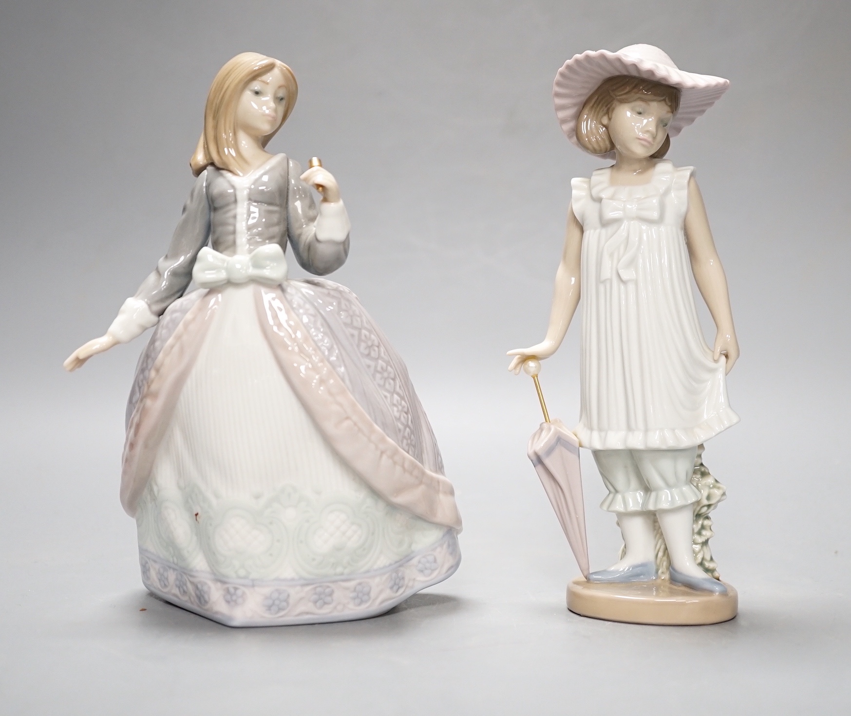 A Lladro figure of a lady with parasol, 18.5cm and a similar Nao figure
